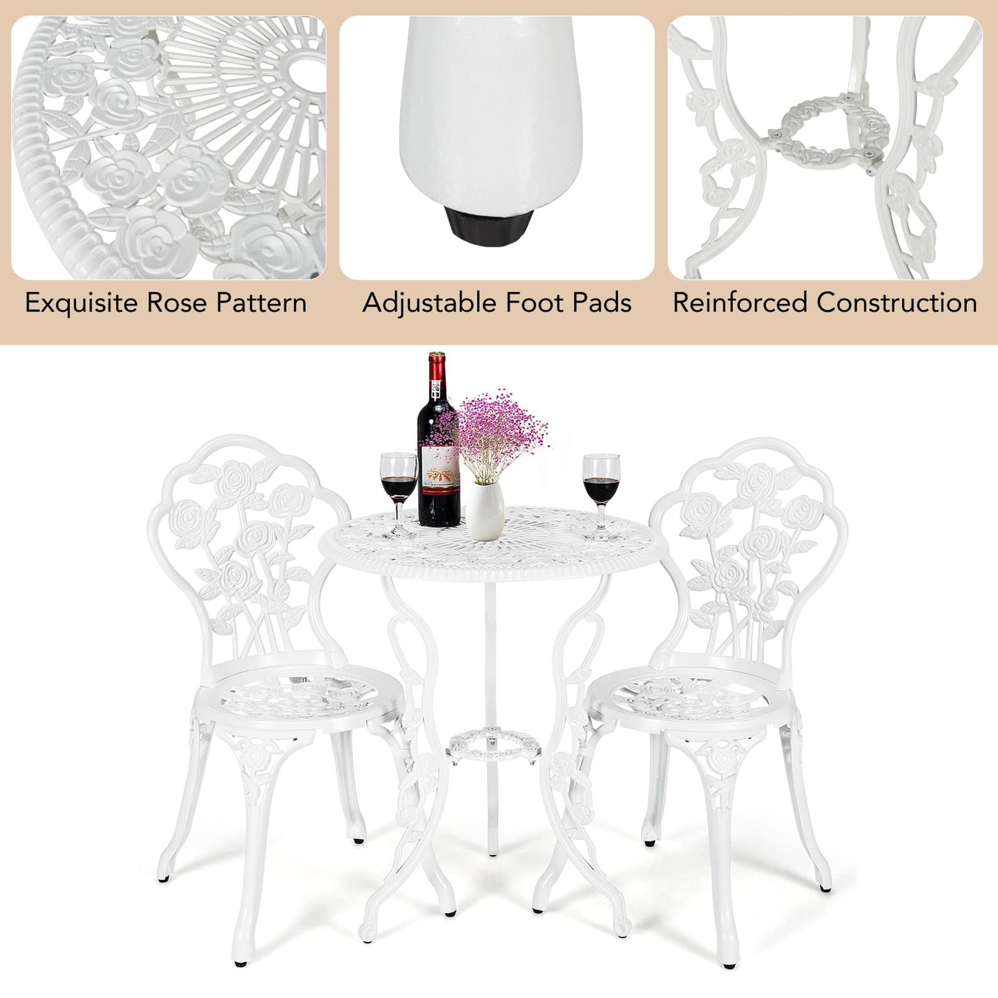 3 Pieces Aluminium Round Garden Dining Table and 2 Chairs with Umbrella Hole