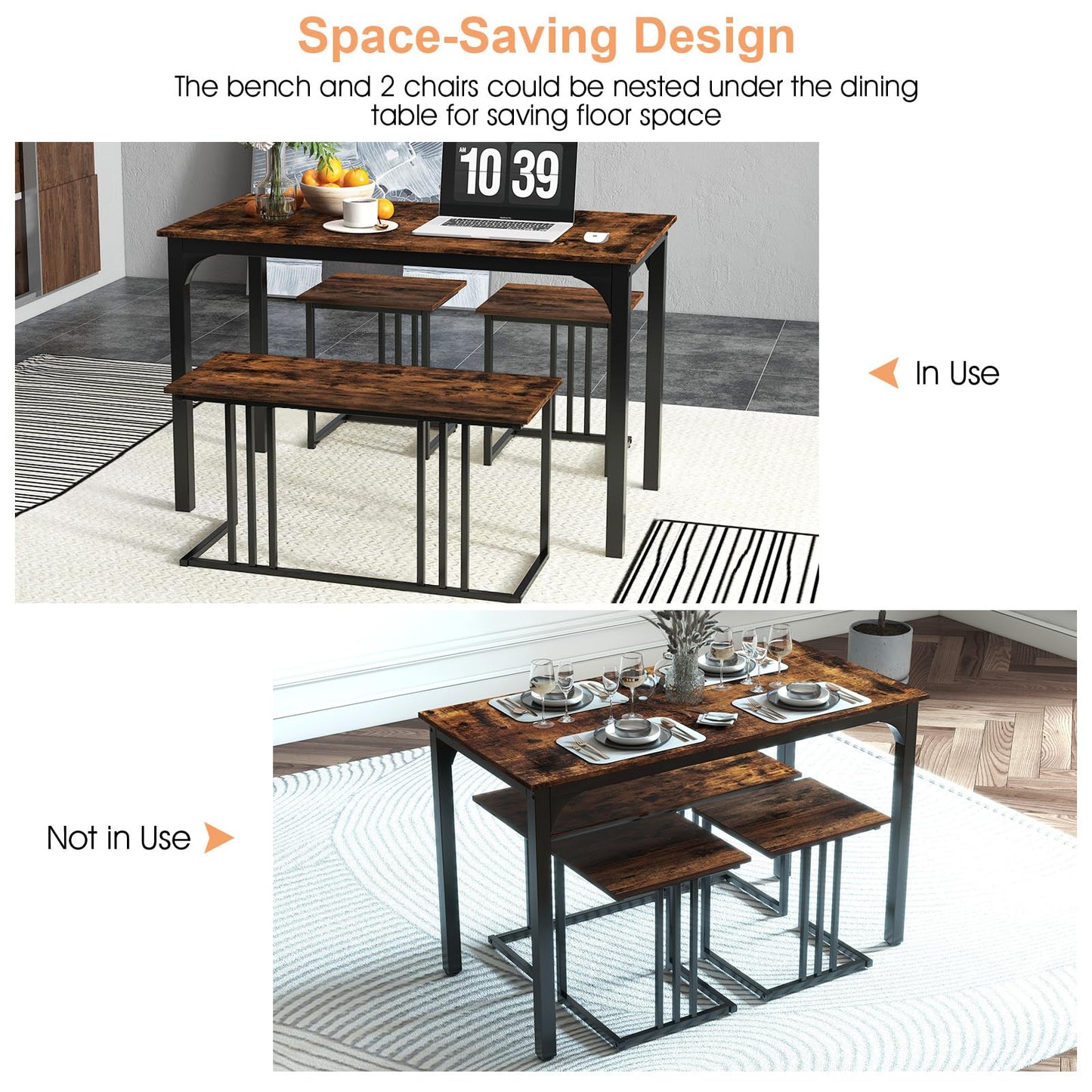 Metal Frame Dining Table and 2 Stool Set with 1 Bench