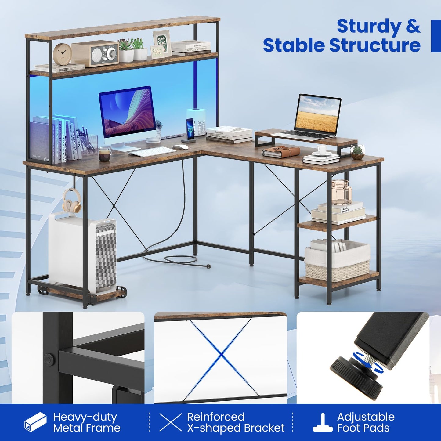 L-Shaped Gaming Desk with LED Strip and Power Outlets