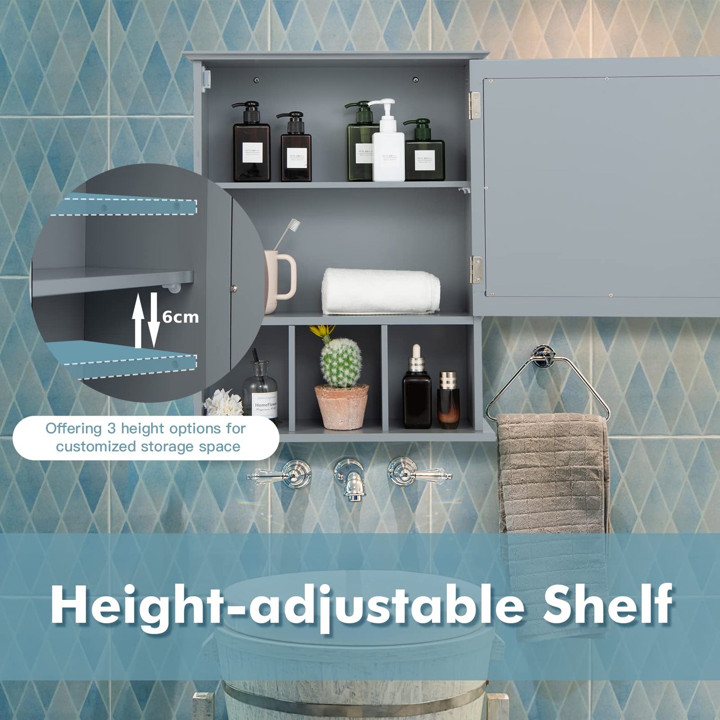 Mirror Door Cabinet with Adjustable Shelf and 3 Compartments