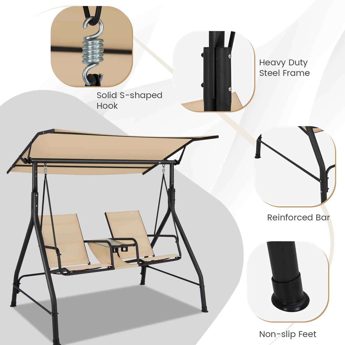 Outdoor Hammock Bench Chair with Adjustable Canopy and Tempered Glass Table