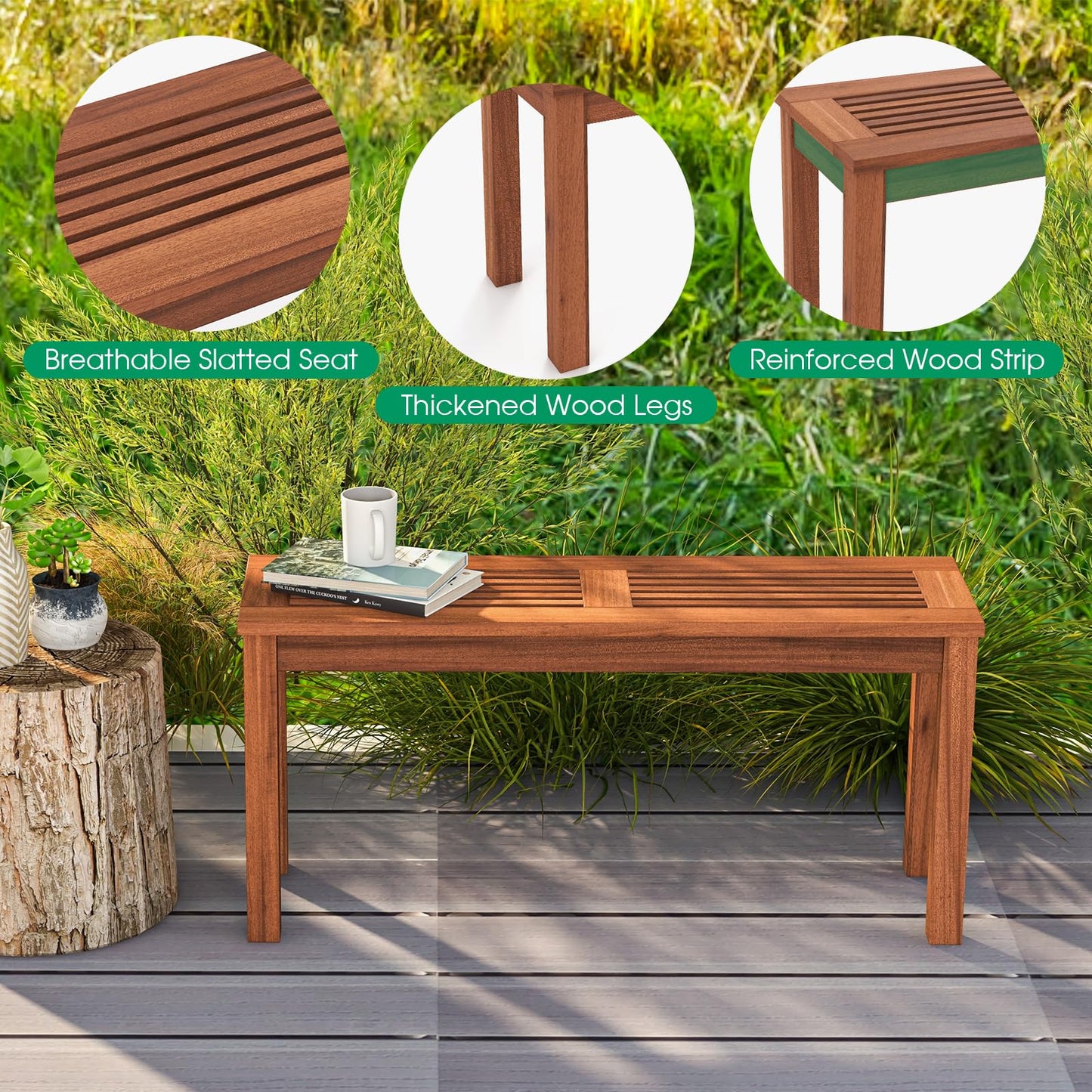 2-Person Patio Wood Bench with Slatted Seat
