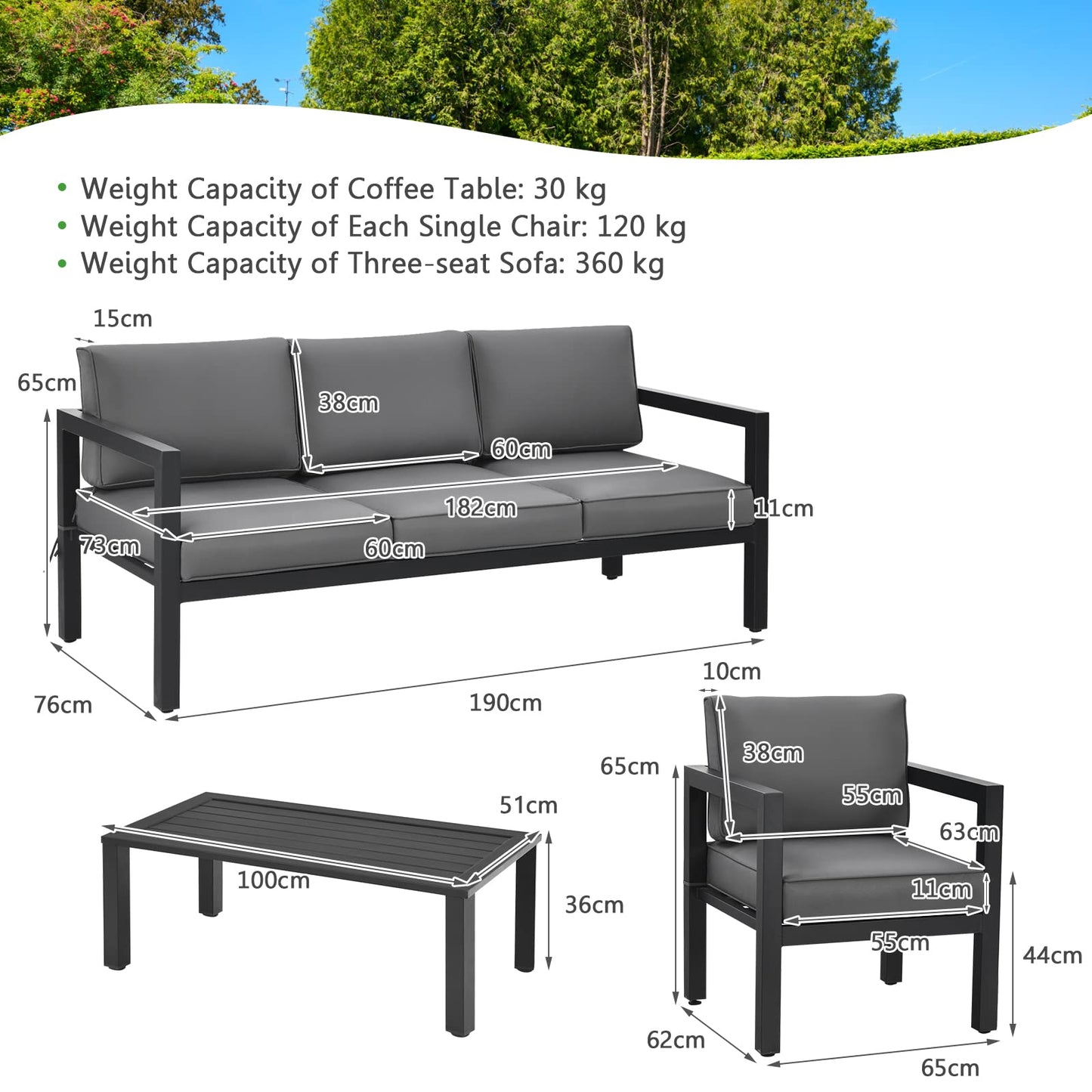 4 Pieces Garden Aluminum Furniture Set with Padded Cushions