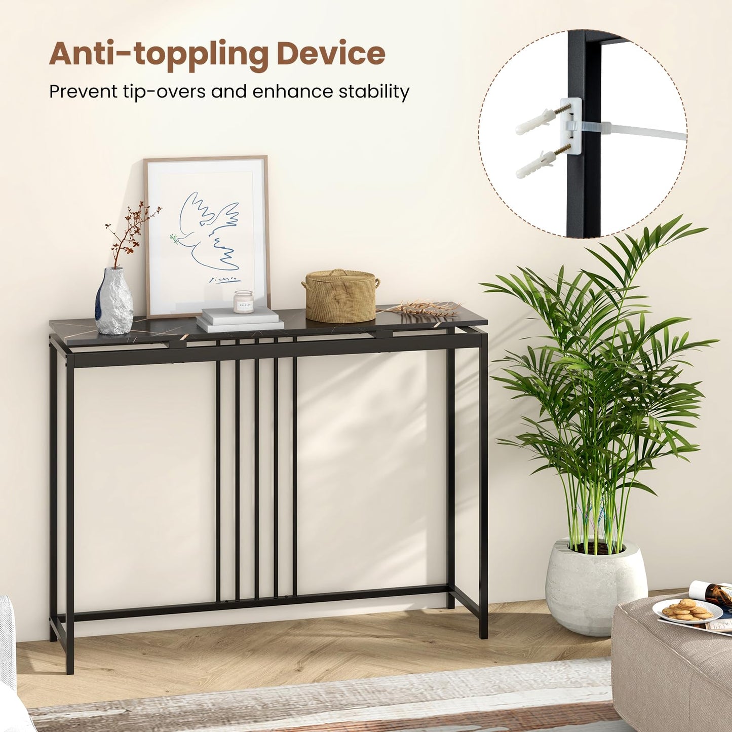 Narrow Console Table 120cm Long Hallway Table with Metal Frame & Faux Marble Top