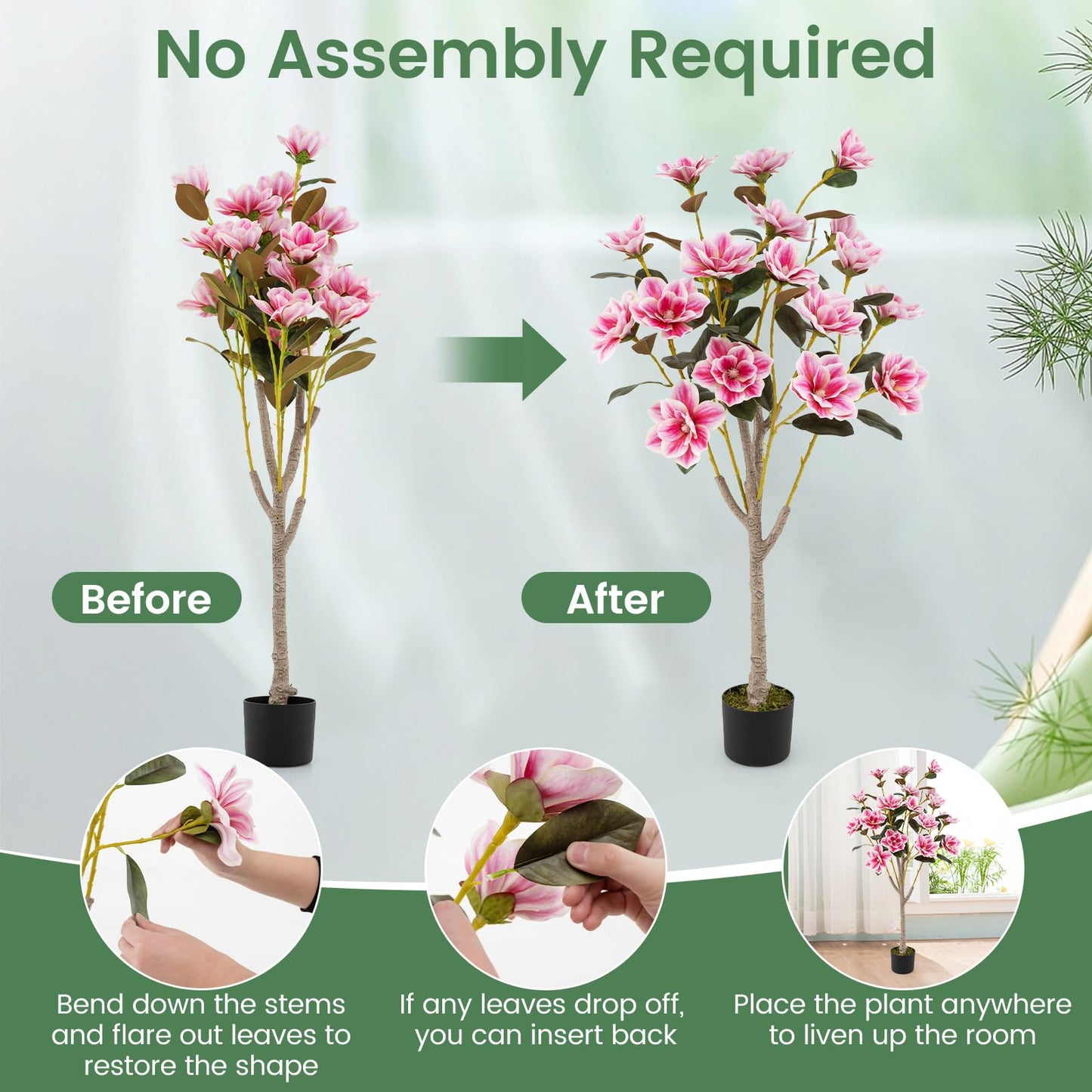 130CM Artificial Magnolia Tree Faux Wedding Flower Plant with Realistic Moss