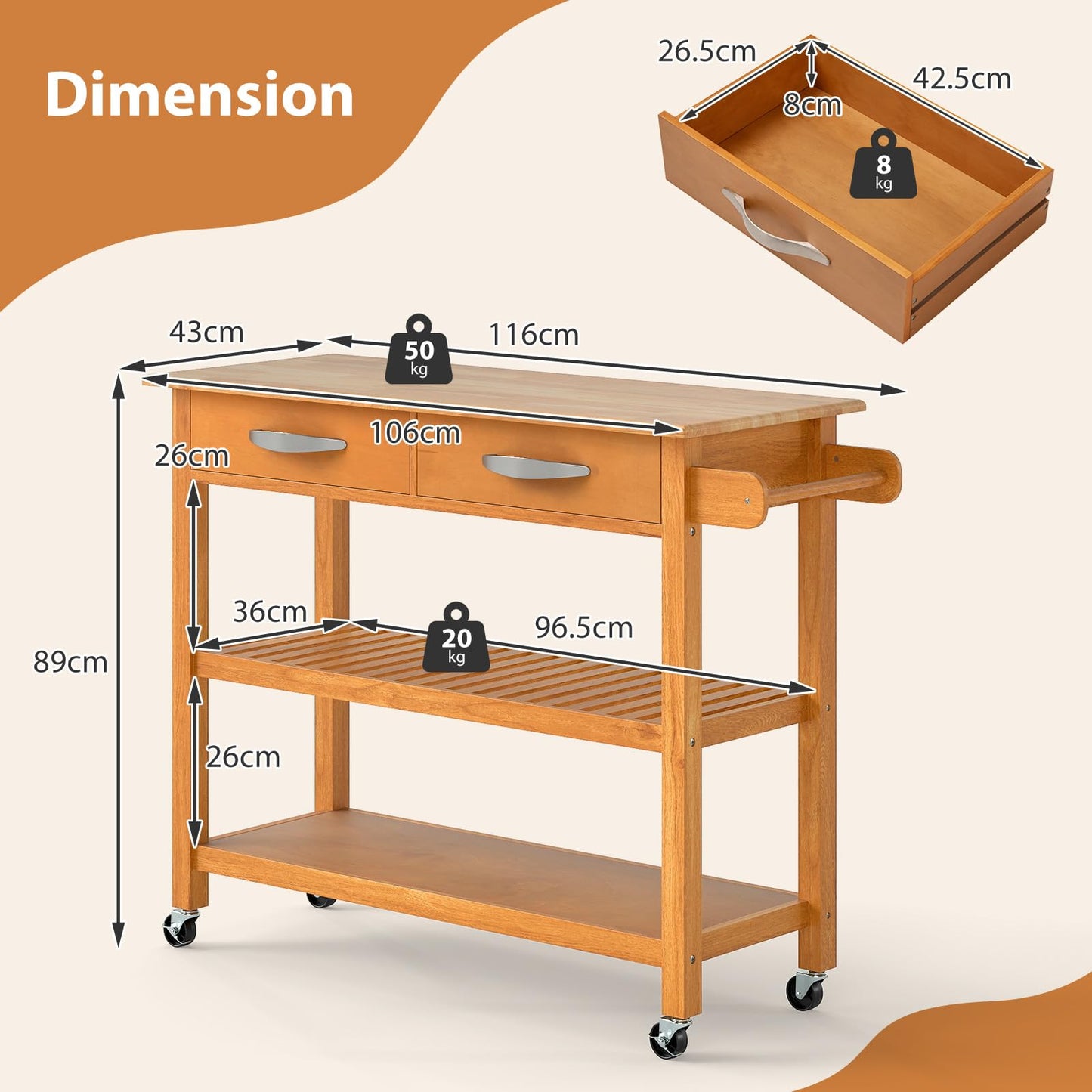 Kitchen Island with Storage 3-Tier Rolling Utility Cart with Wood Countertop