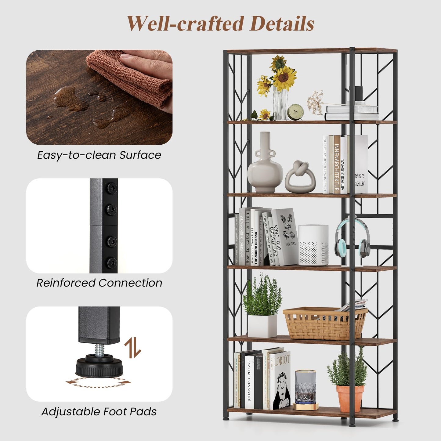 6-Tier Modern Geometric Bookcase with Heavy-duty Metal Frame for Study