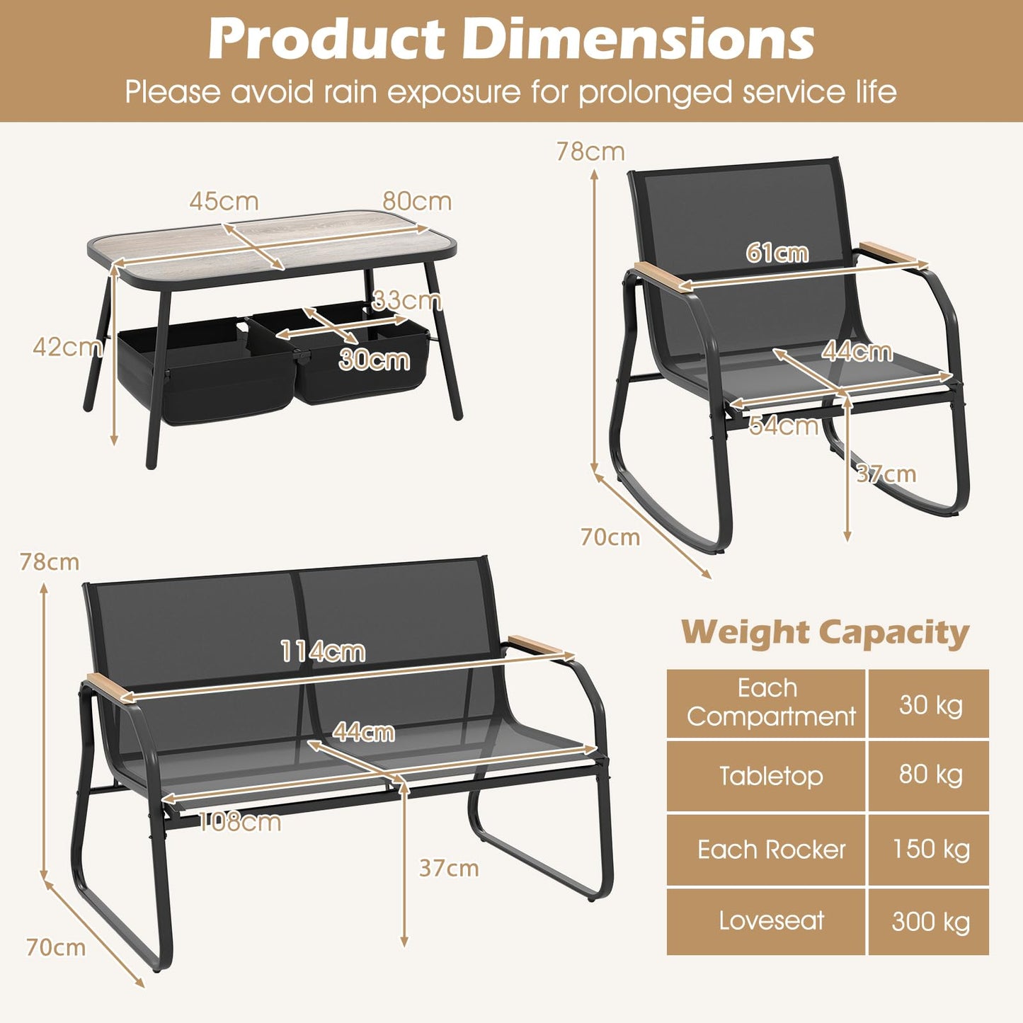 4-Piece Garden Metal Frame Patio Conversation Set with 2 Rocking Chairs