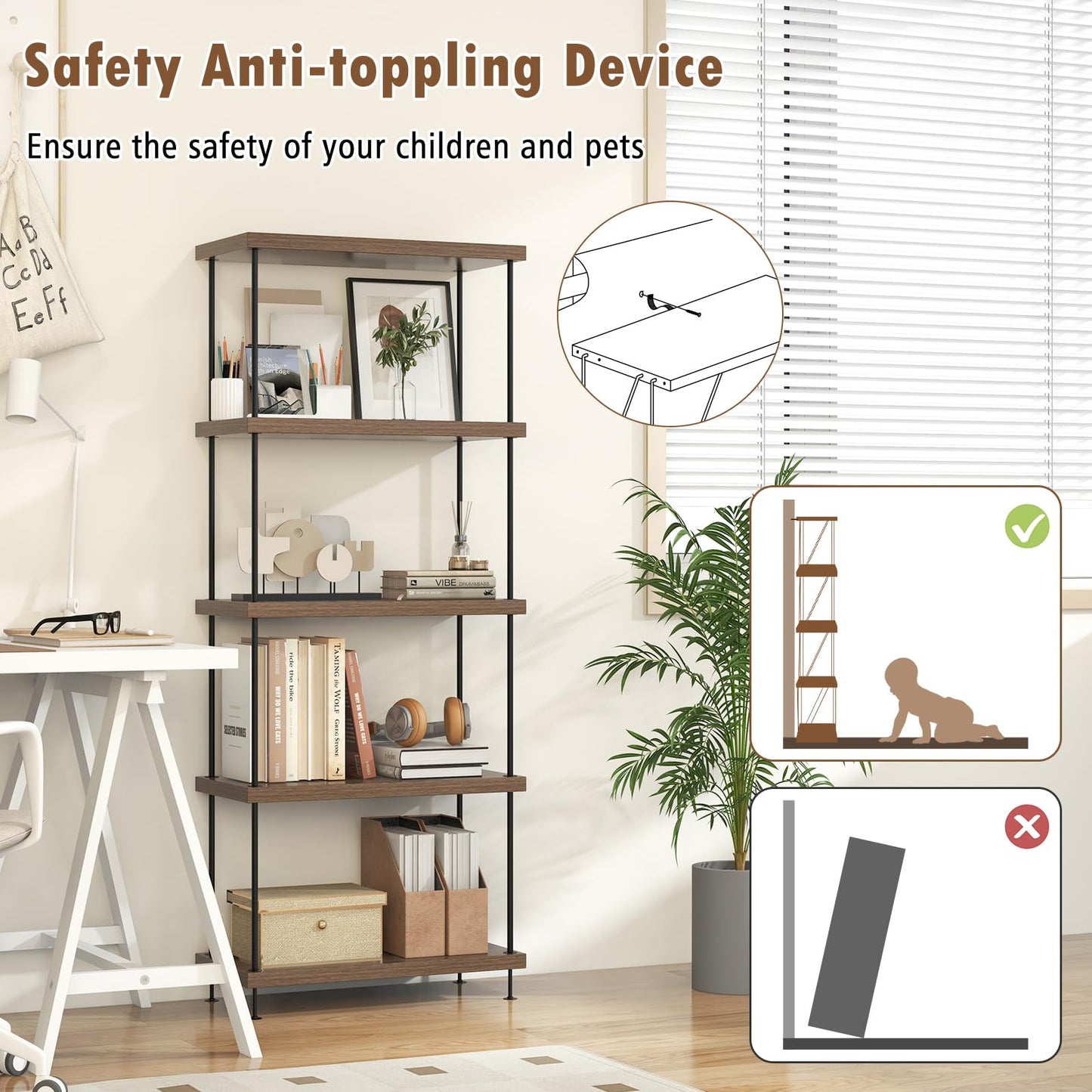5-Tier Multipurpose Display Rack with Metal Frame for Living Room Home Office