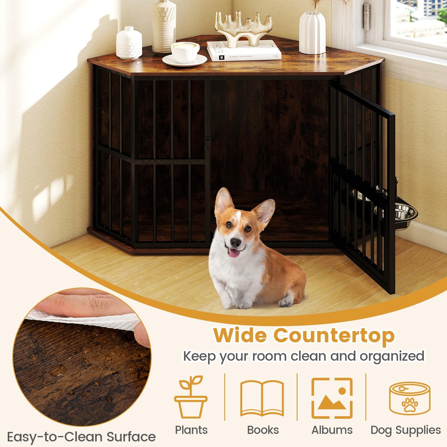 Corner Dog Crate Space Saving Dog Cage with Adjustable Feeder