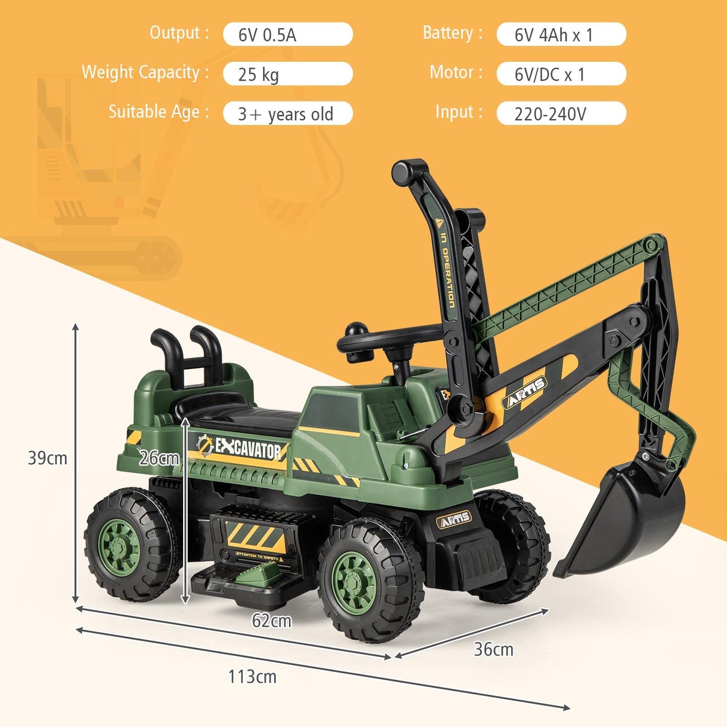 Kids Ride On Excavator with Rotating Seat and Underneath Storage