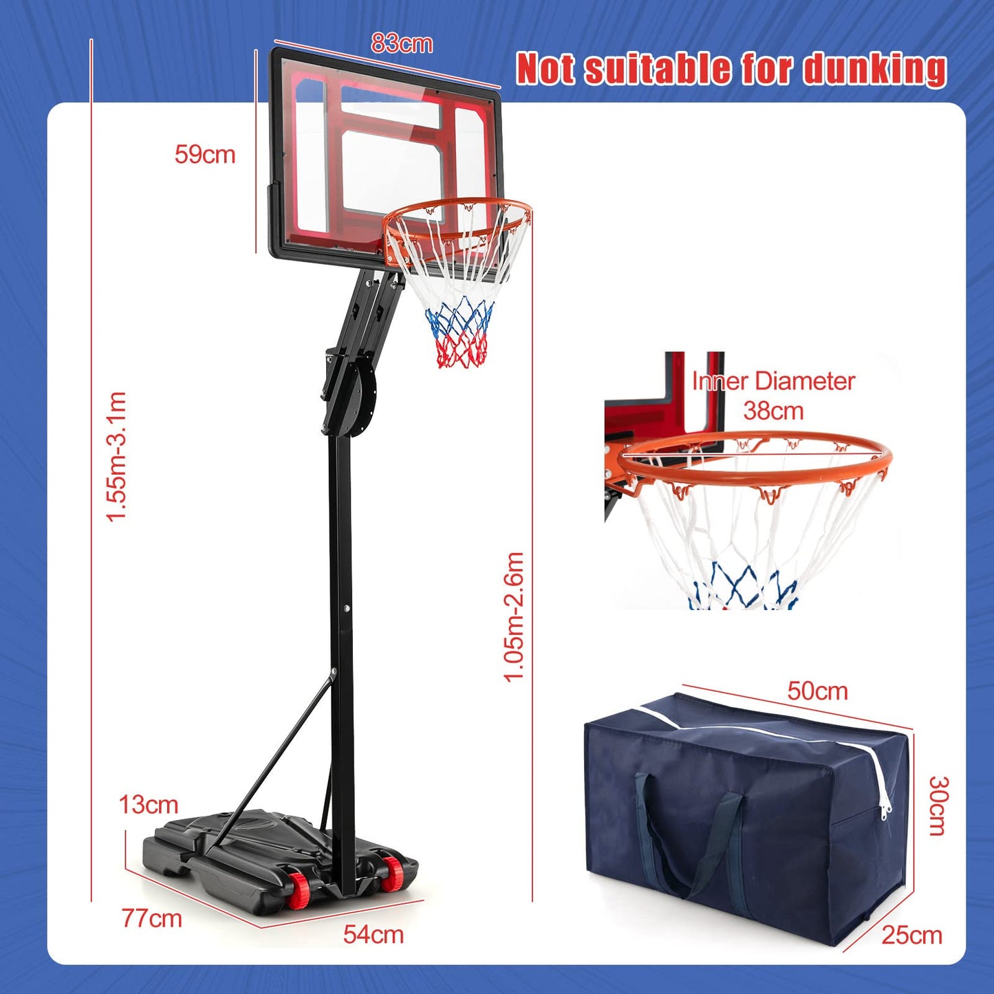 10ft Basketball Backboard Hoop Net Set with Wheels