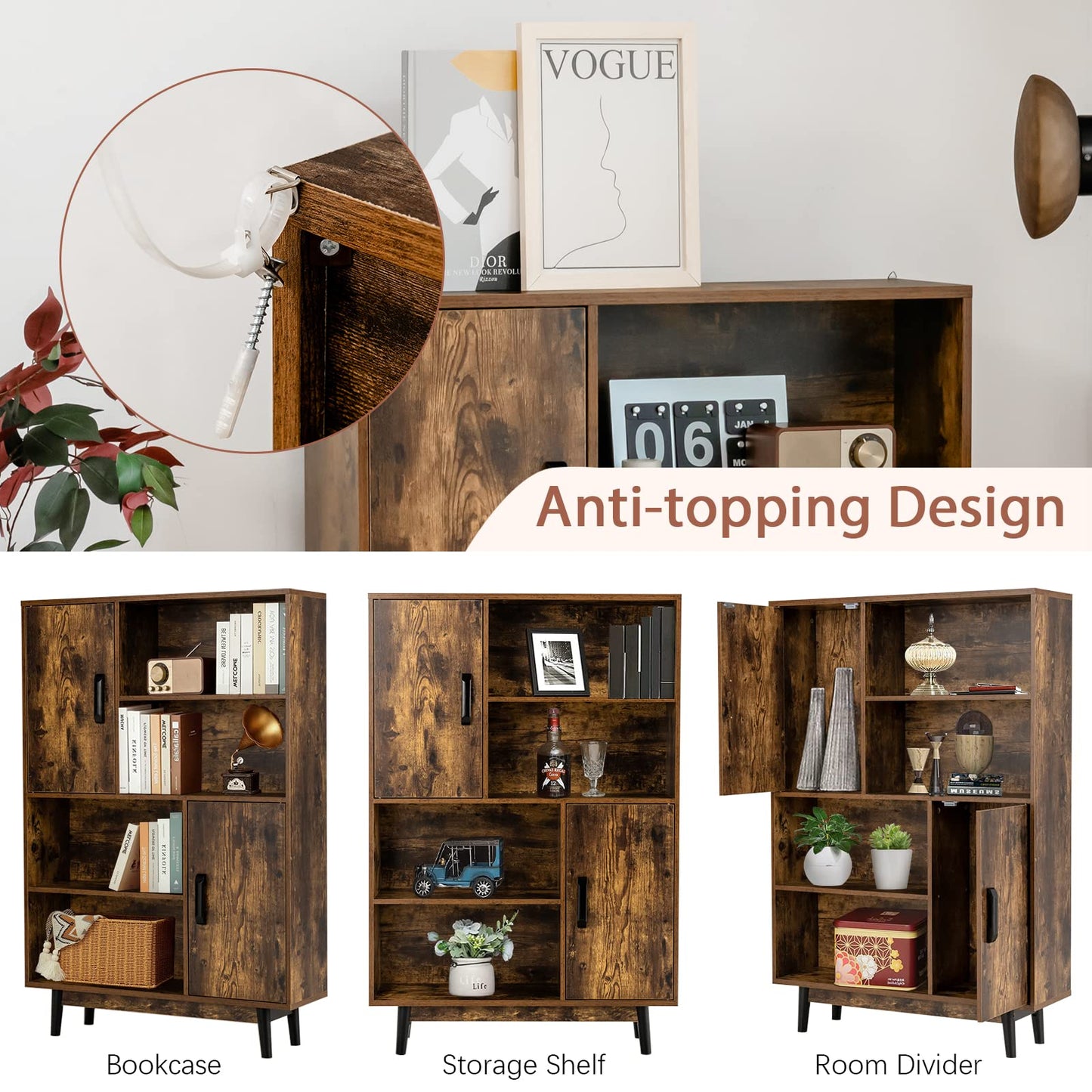 Freestanding Wooden Sideboard Storage Cabinet with 2 Doors and 4 Shelves
