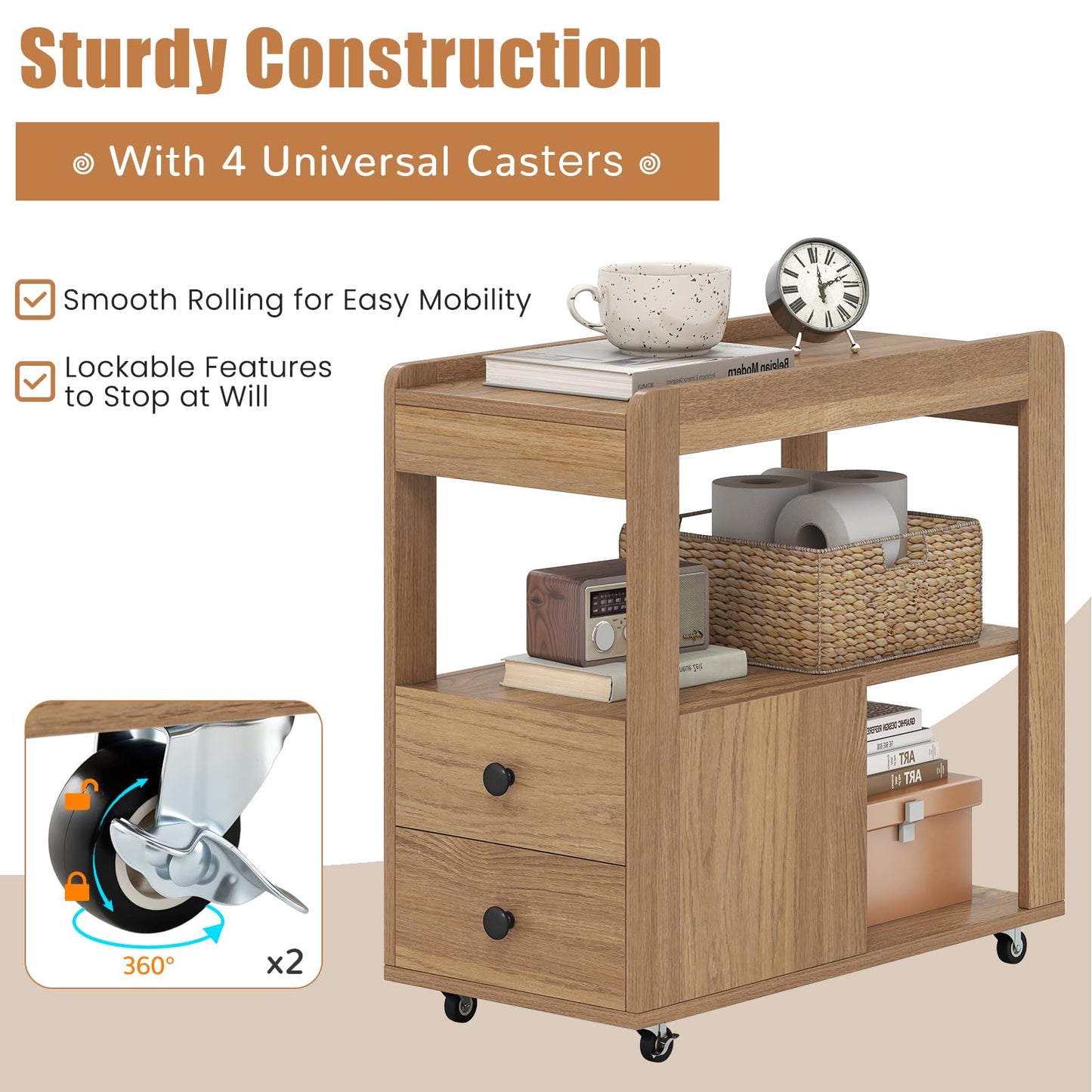 Narrow Bedside Table with 2 Drawers for Small Space