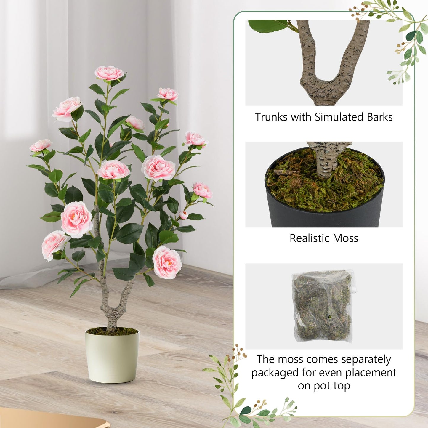 90CM Artificial Camellia Tree Faux Flower Plant in Nursery Pot