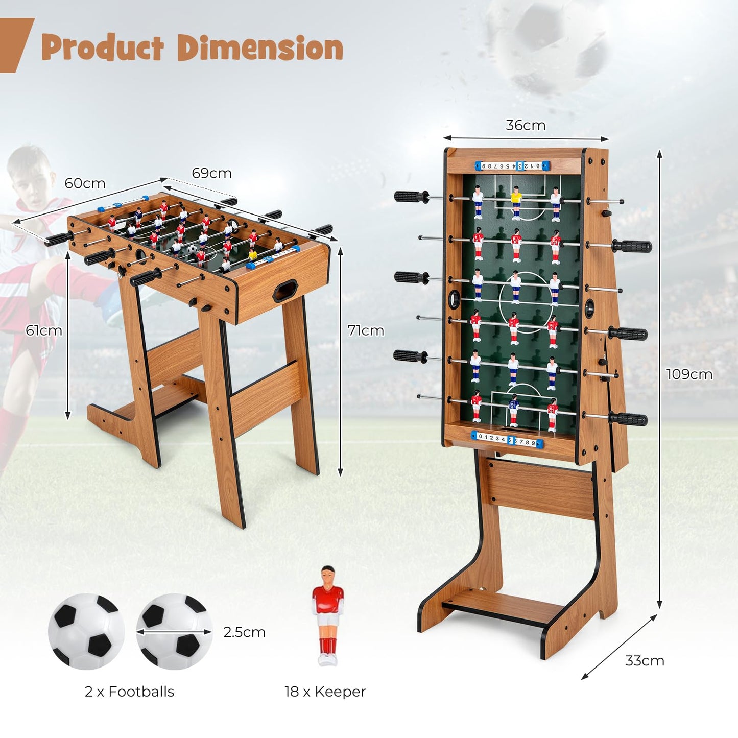 Free Standing Folding Foosball Soccer Game with 2 Mini Footballs