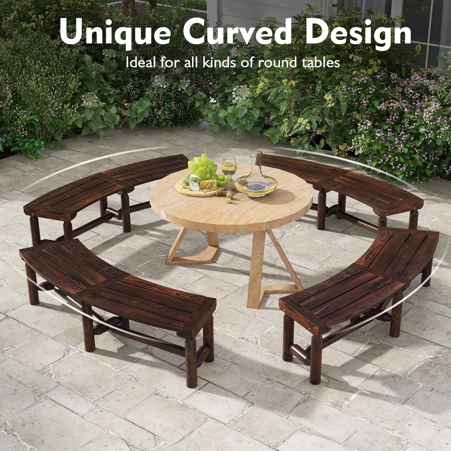 All-Weather Curved Shape Carbonized Wood Patio Loveseat with Slatted Seat