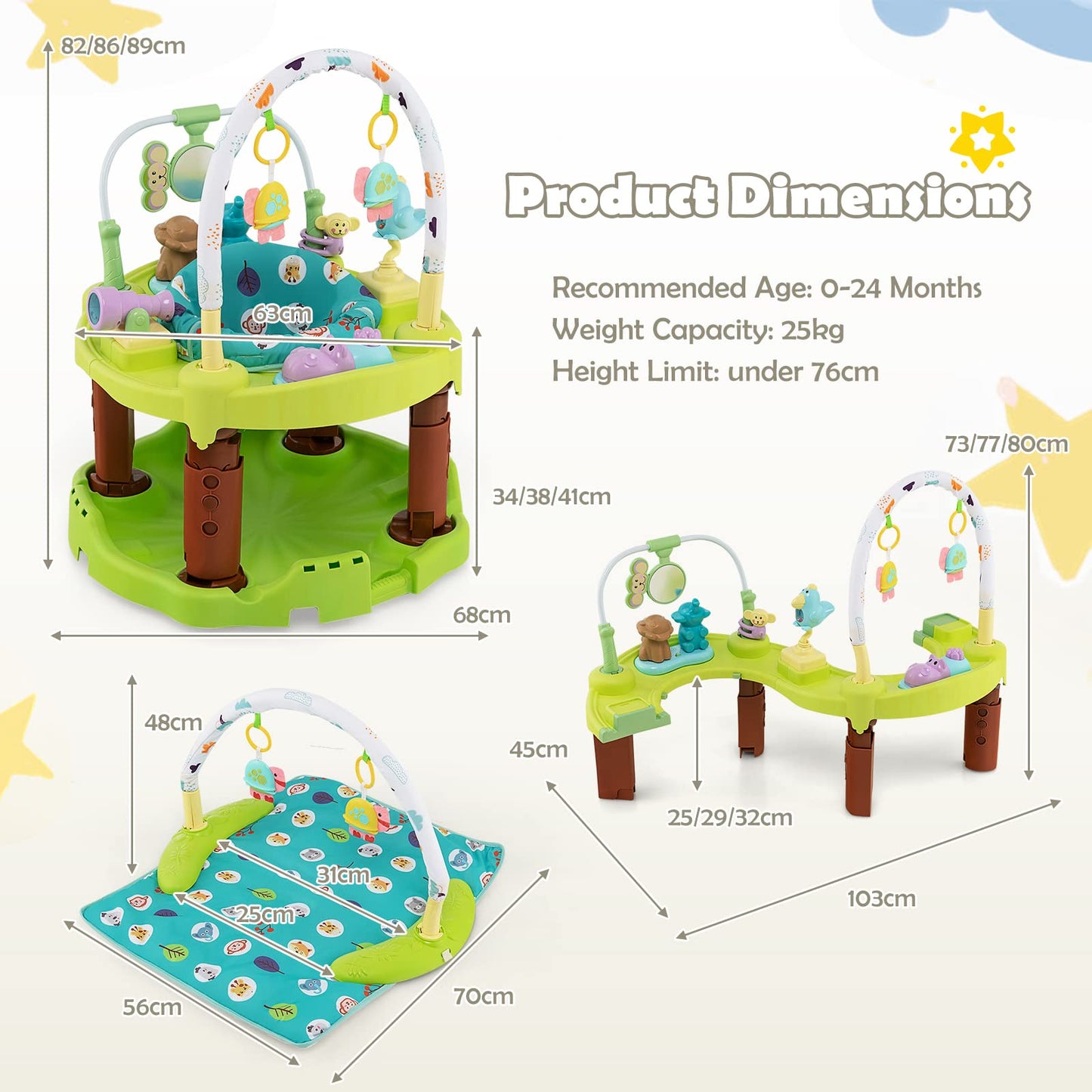 3 in 1 Toddler Bouncer Floor Mat Play Table with 3 Adjustable Height