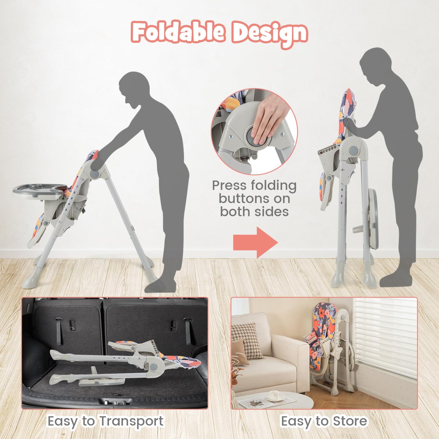Height Adjustable Feeding High Chairs with Removable Tray