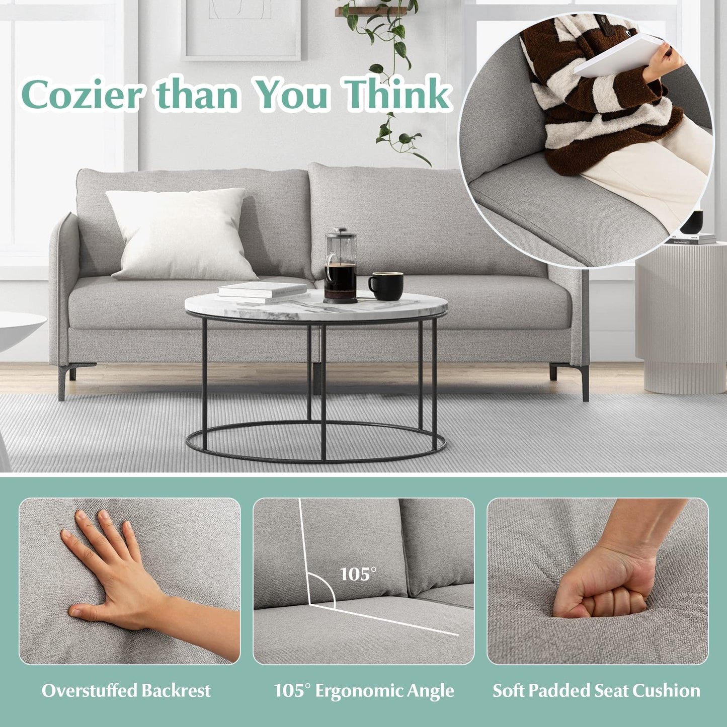 Modern Loveseat 3-Seater Upholstered Sofa with Washable Cushion Covers