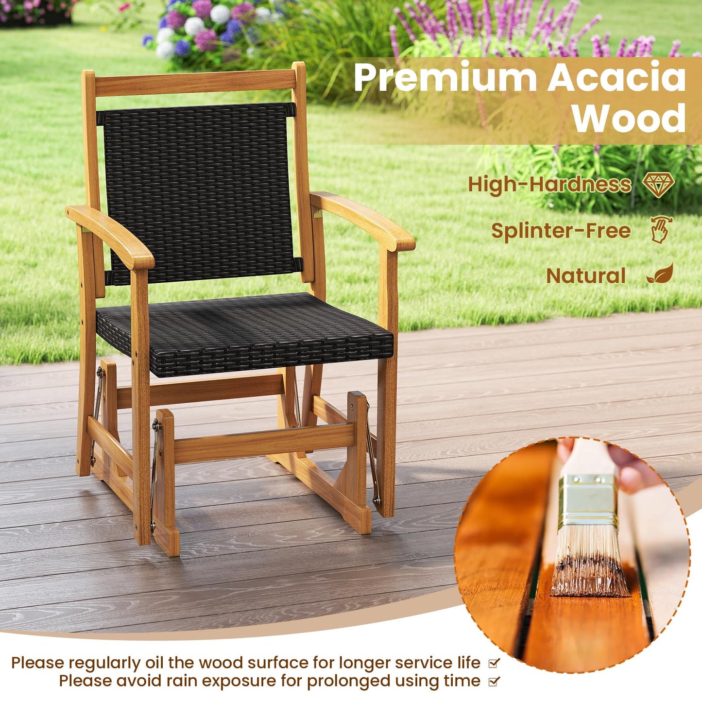 Patio Rattan Glider Chair Swing Gliding Rocker with Acacia Wood Frame
