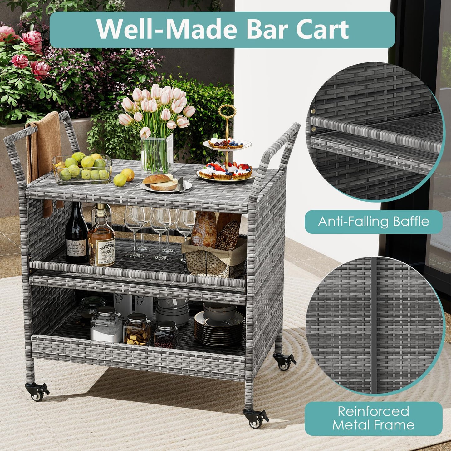 Outdoor Bar Cart 3-Tier Patio Rattan Storage Shelf Wicker Serving Table
