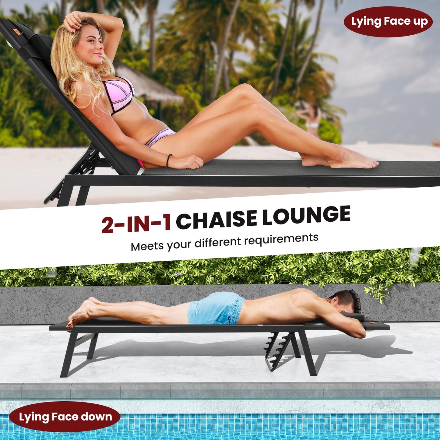 5 Positions Adjustable Chaise Lounge Deck Sunbed with Detachable Head Pillows