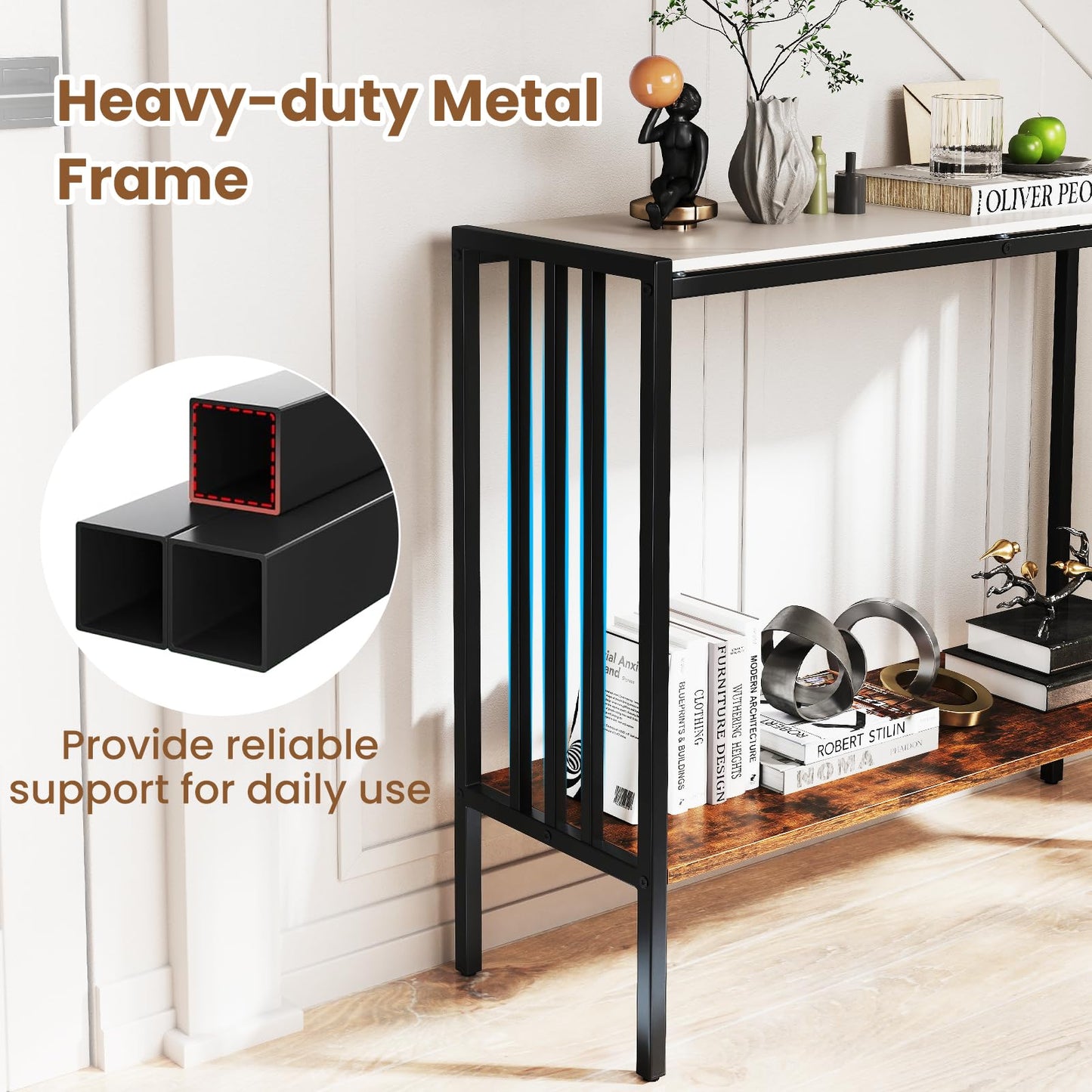 90 CM 2 Tier Industrial Console Foyer Table with Sintered Stone Tabletop