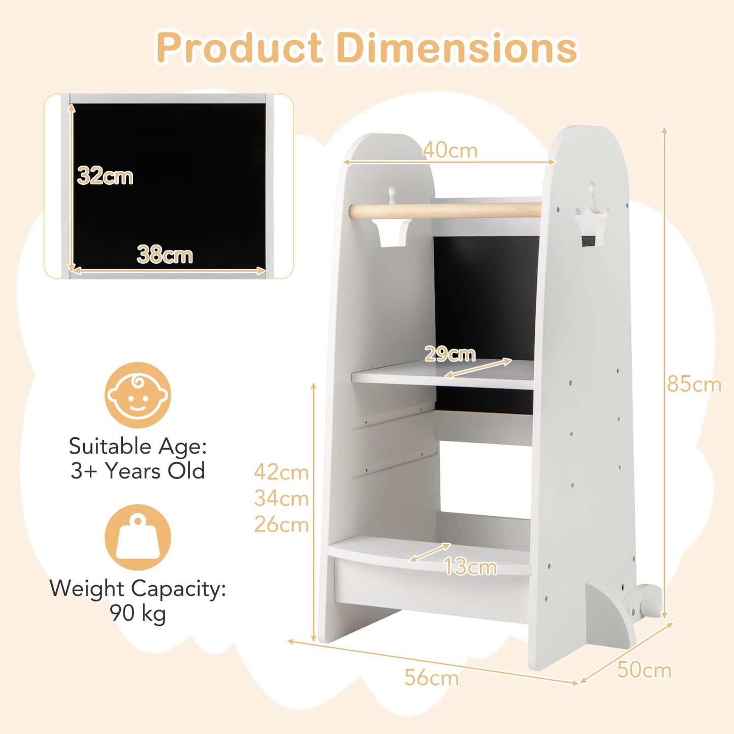 3 Heights Adjustable Kitchen Stand Helper with Double-sided Chalkboard