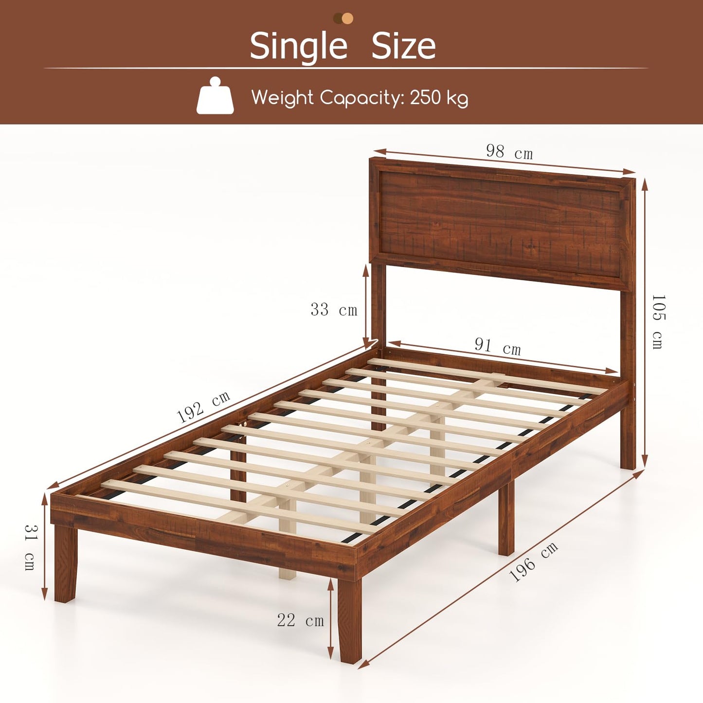 Bed Frame with Headboard and Slats Support