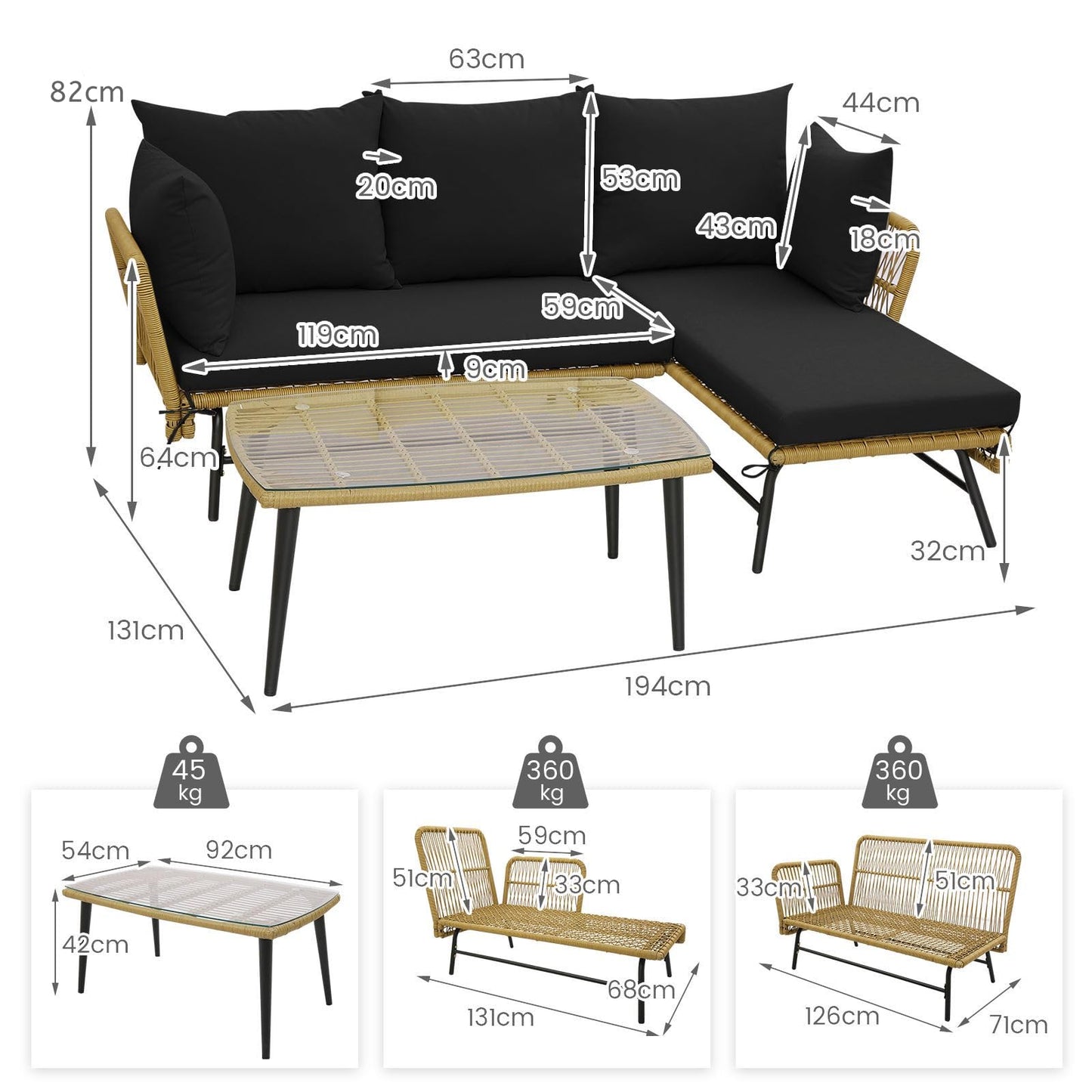 3 Pieces L Shaped Patio Conversation Set with Cushions & Tempered Glass Table