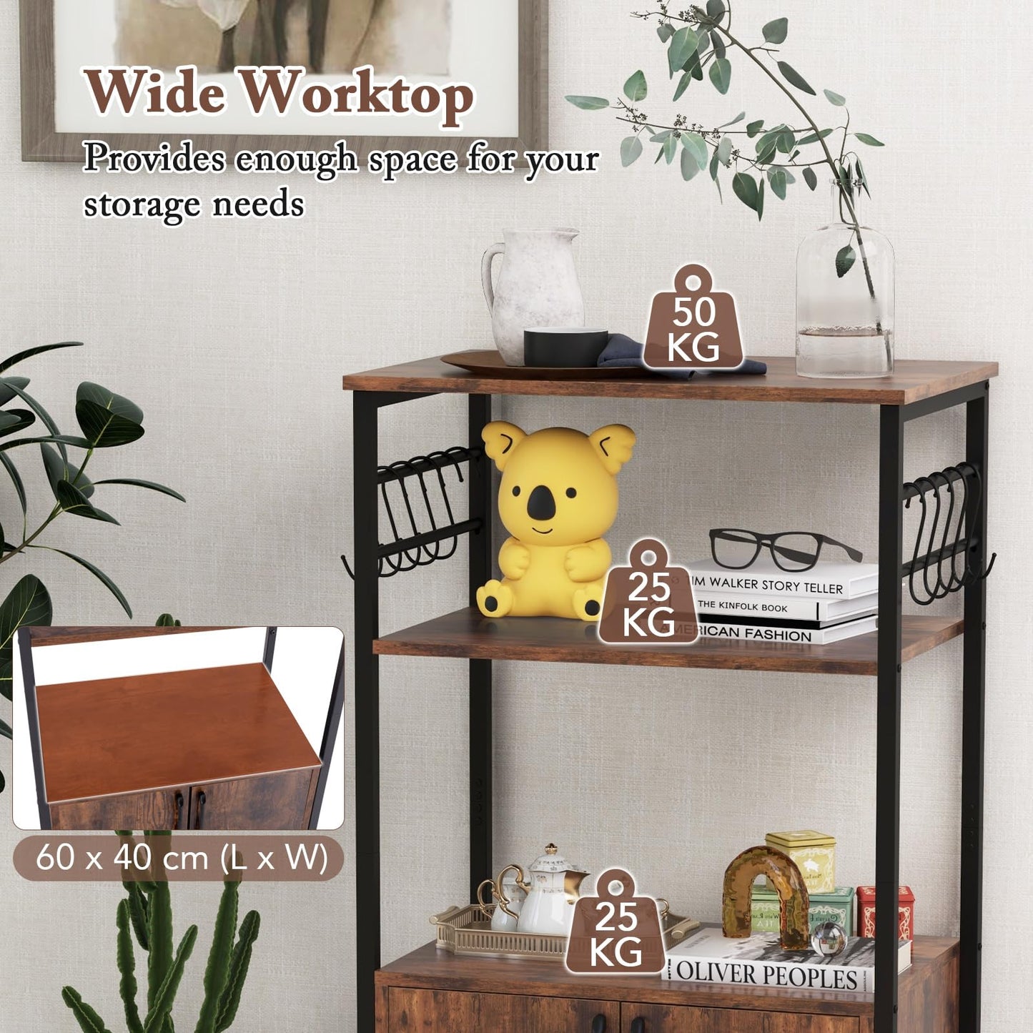 3-Tier Kitchen Bakers Rack with Cabinet Open Shelves and 10 Removable S-Shaped Hooks