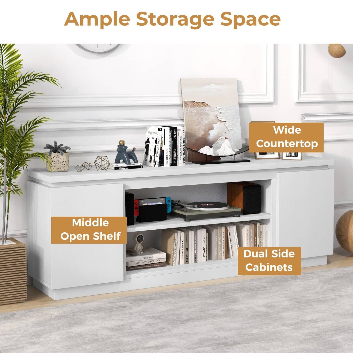 TV Cabinet for TVs up to 80 Inch Media Console Table with 3 Adjustable Shelves