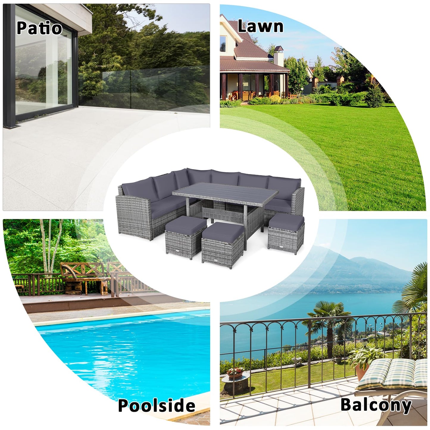 9 Seater Patio Rattan Corner Sofa Set with Sofa Chairs and Coffee Table