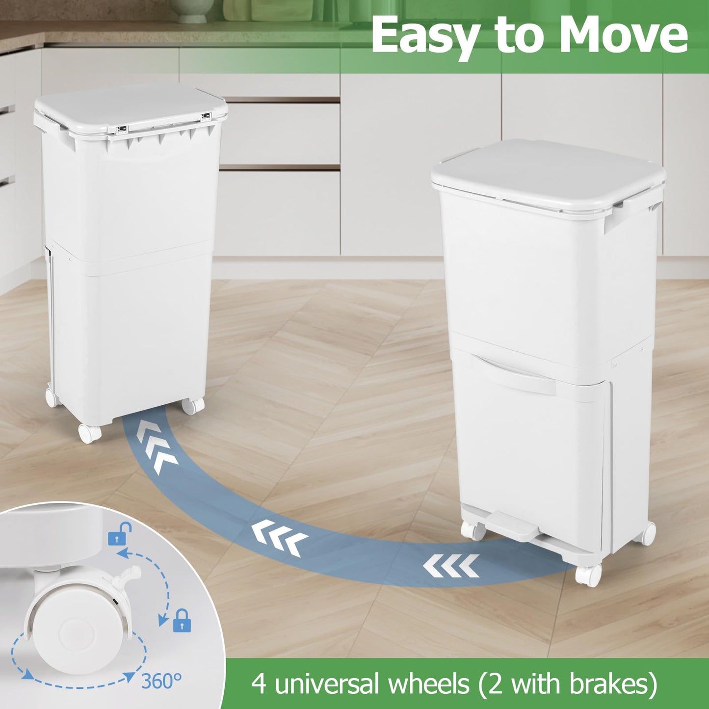 Giantex Recycling Bins 40L Pedal Kitchen Bin with 3 Compartments Lockable Wheels