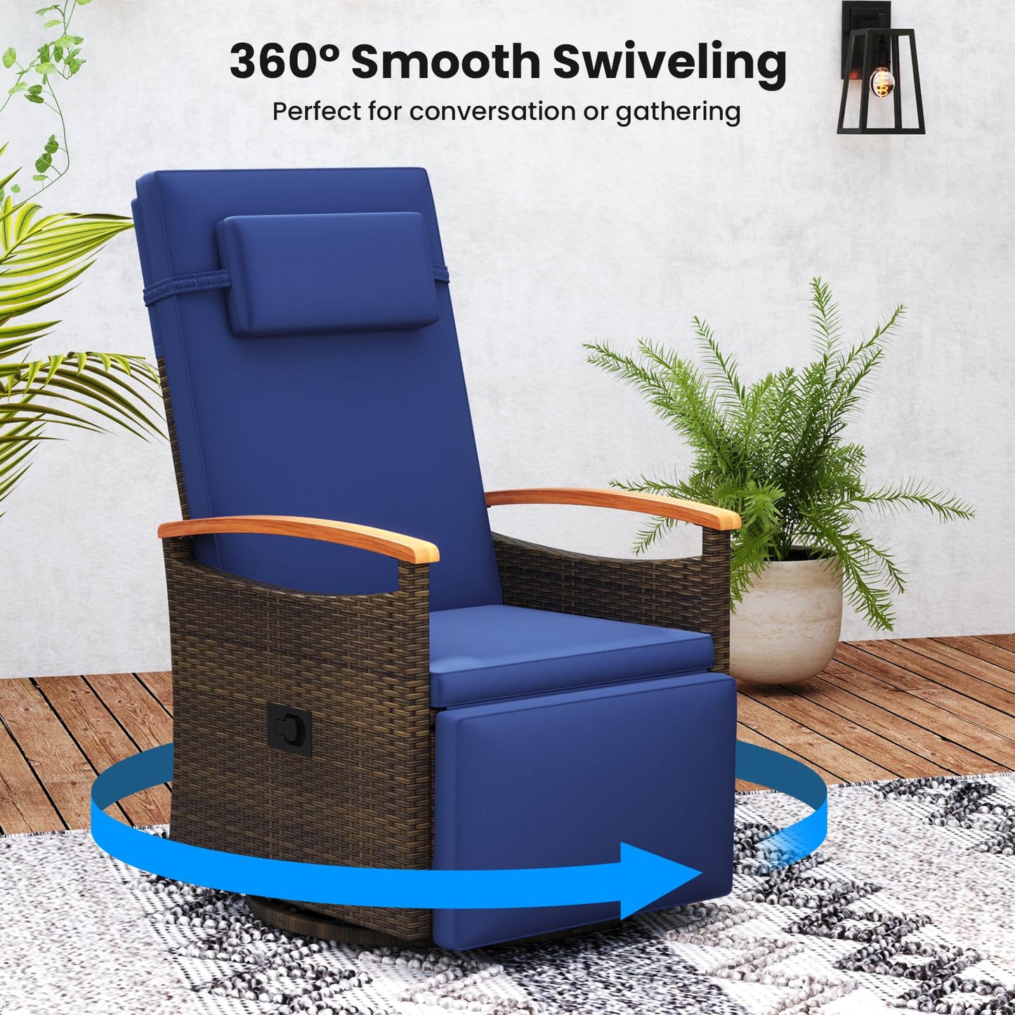 Outdoor 360° Swivel Rattan Recliner Chair with Adjustable Backrest and Footrest