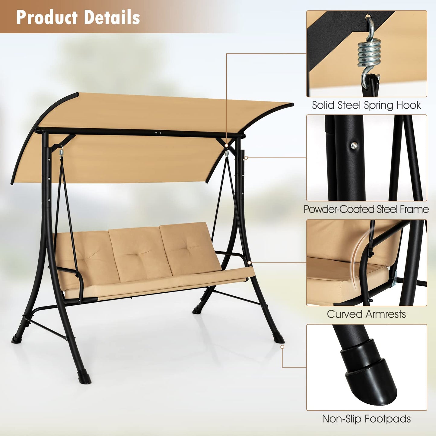 3 Seater Garden Hammock Bench Chair with Adjustable Canopy and Soft Cushions