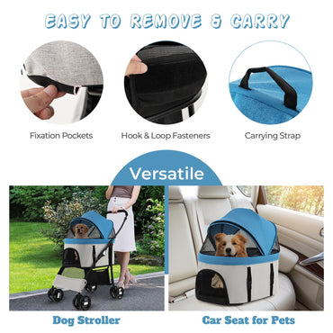 Foldable Pet Stroller with 4-Level Adjustable Canopy and Storage Basket