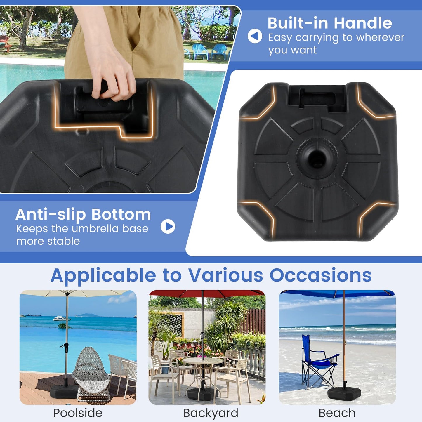 40kg Water+Sand Filled Patio Parasol Umbrella Stand Fit 38/48 mm Umbrella Poles