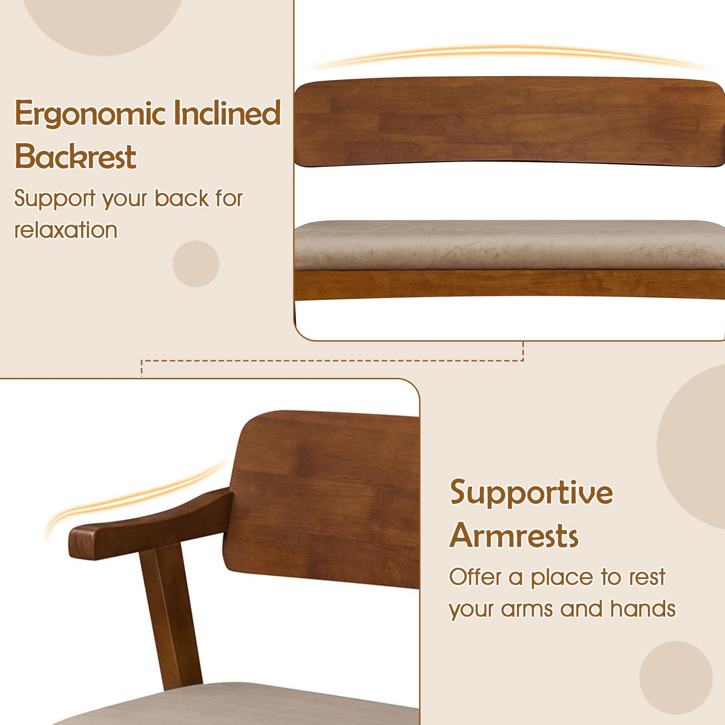 2 Seat Rubber Wood Bench with Padded Seat and Ergonomic Backrest