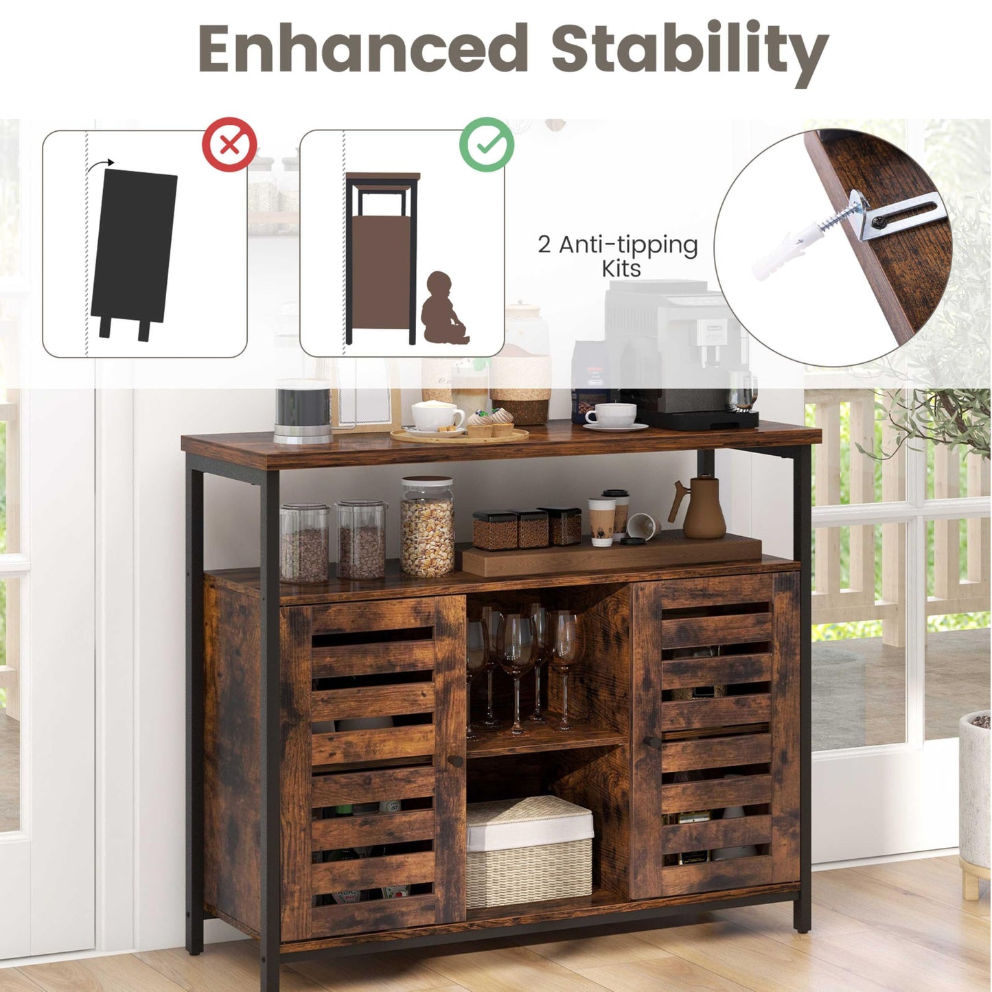 Sideboard Storage Cabinet with Slatted Door and 3 Adjustable Shelves