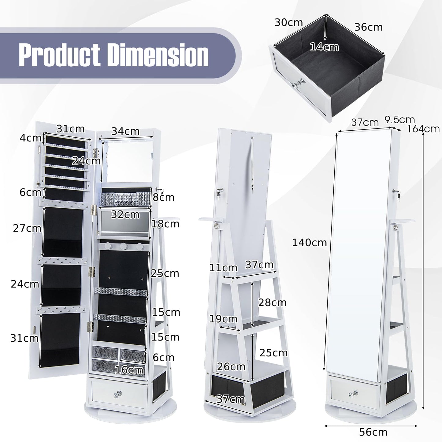 360° Swivel Lockable Jewelry Armoire Cabinet with Full-Length Mirror