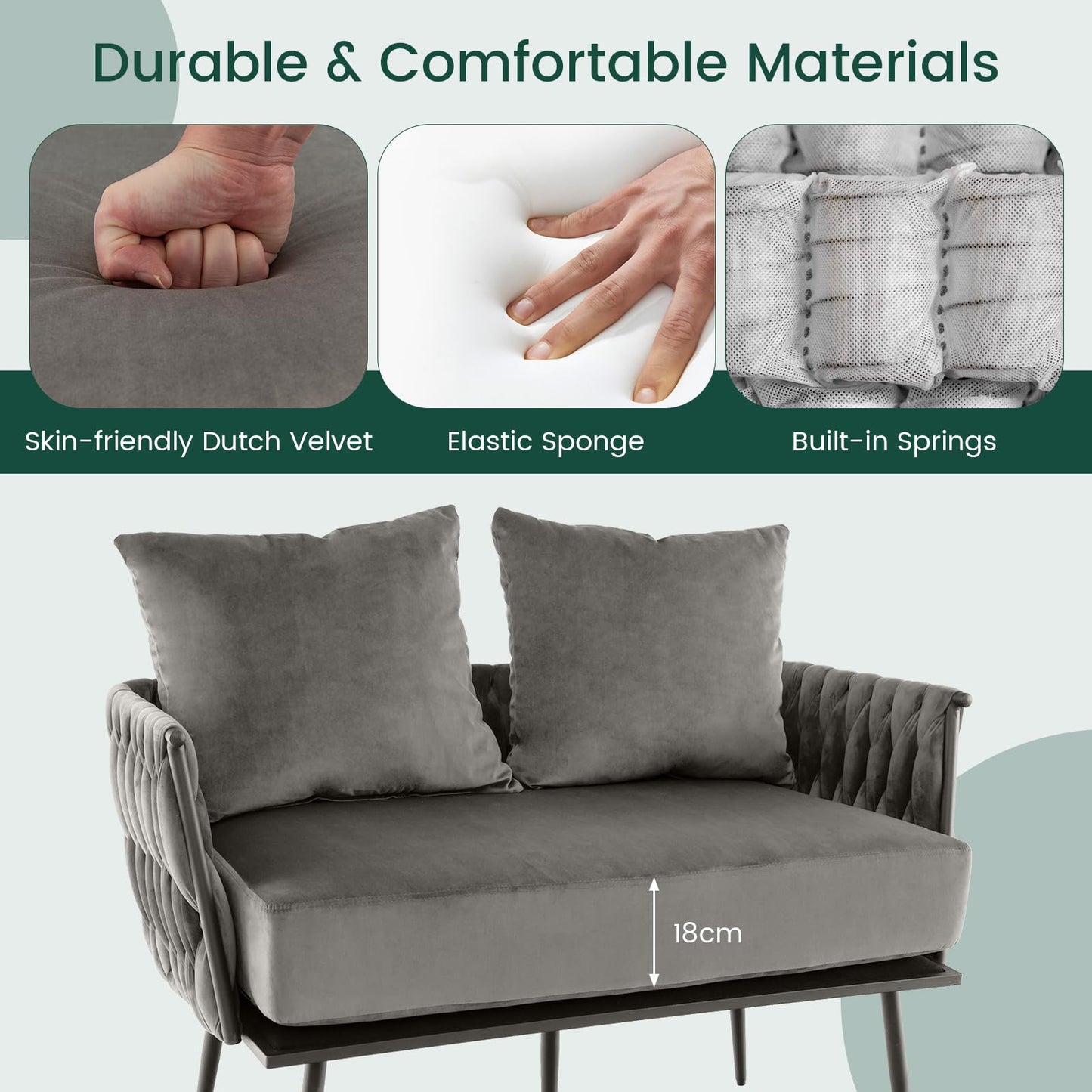 Giantex 2-Seater Sofa Velvet Upholstered Loveseat Sofa Couch with Woven Back & Arms