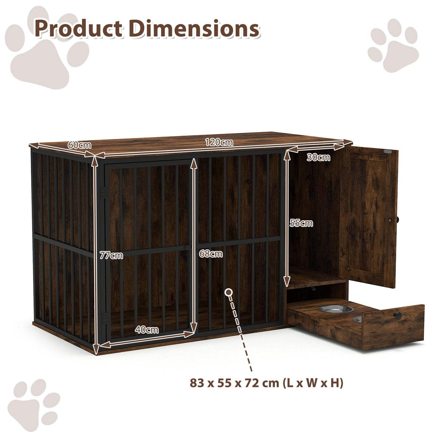 120CM Dog Crate Furniture with Hidden Pull-out Bowls in Drawer Rating: