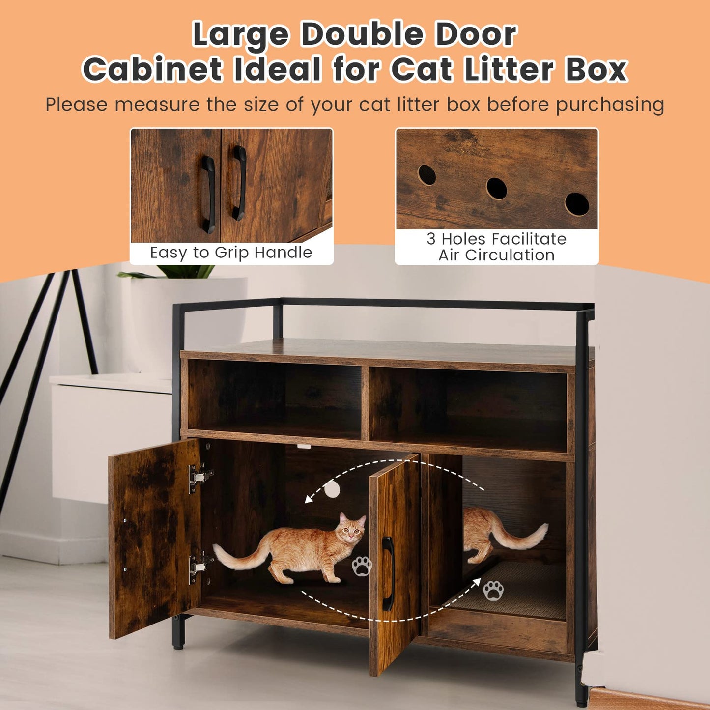 Wooden Cat Litter Box Enclosure with Compartments and Scratching Board