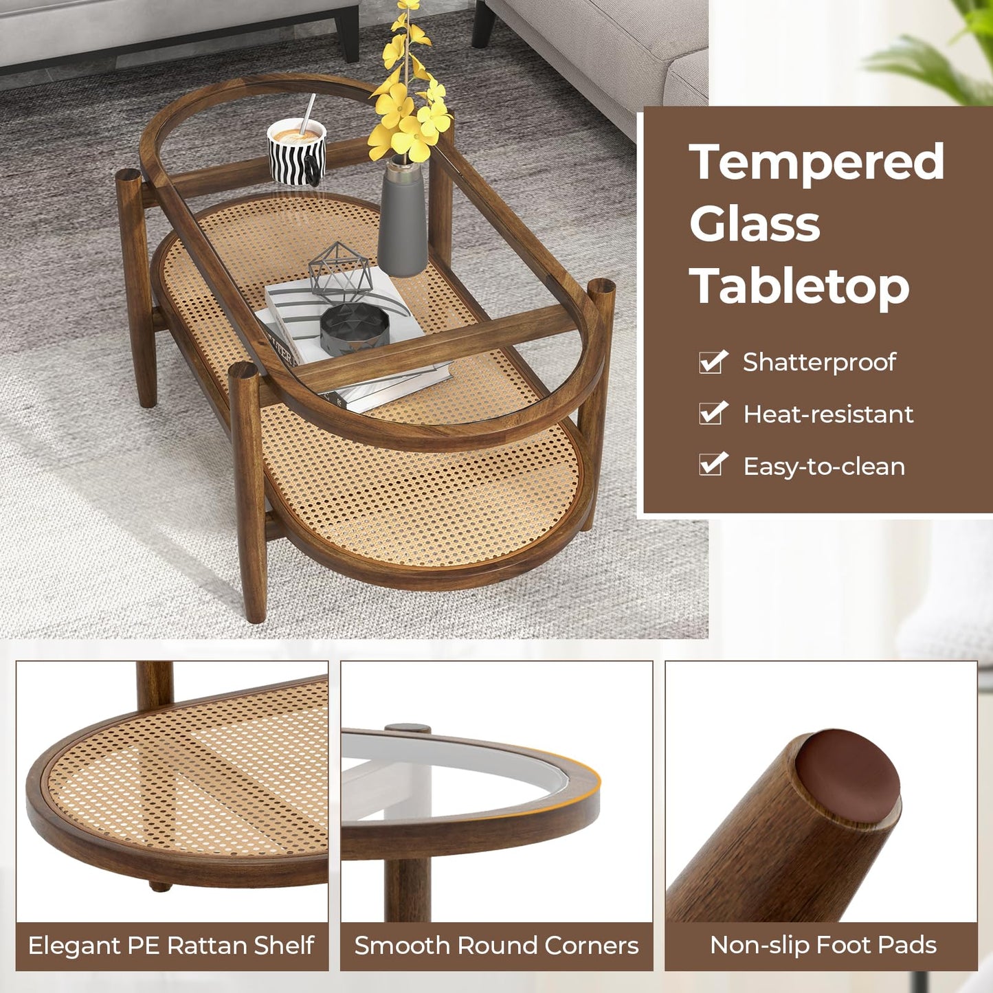 Tempered Glass Cocktail Snack Tea Center Table with PE Rattan Storage Shelf