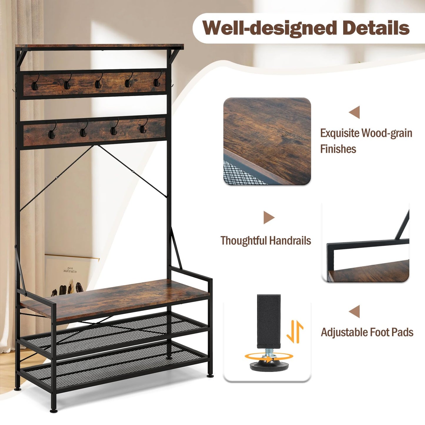 4 In 1 Coat Rack with 11 Hanging Hooks and Shoe Bench for Mudroom