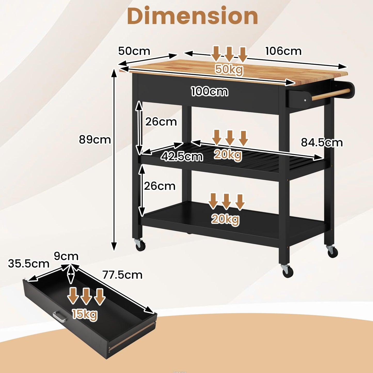 Kitchen Island with Open Shelves and Lockable Casters