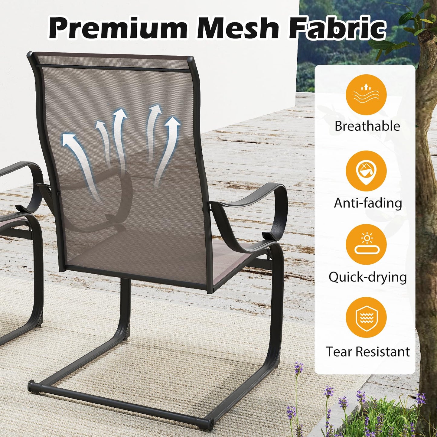 Outdoor C-Spring Garden Chairs Set of 2 with High Backrest