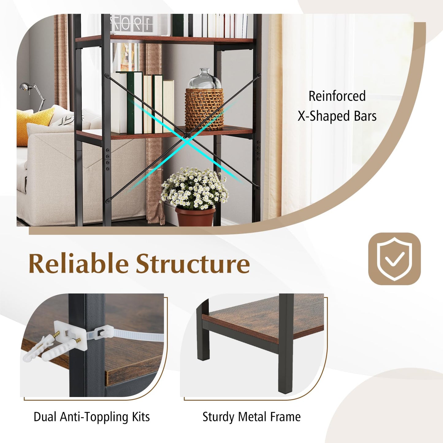 5-Tier Bookshelf with Metal Frame and Storage Rack